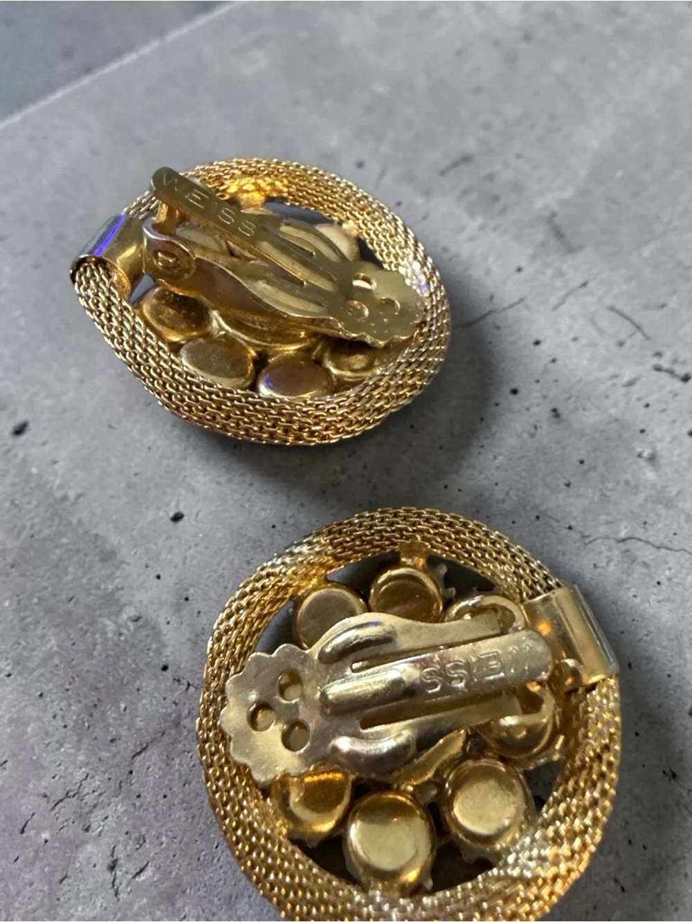 Vintage WEISS Amber Orange Rhinestone Clip-On Earrings Gold Tone Mid Century